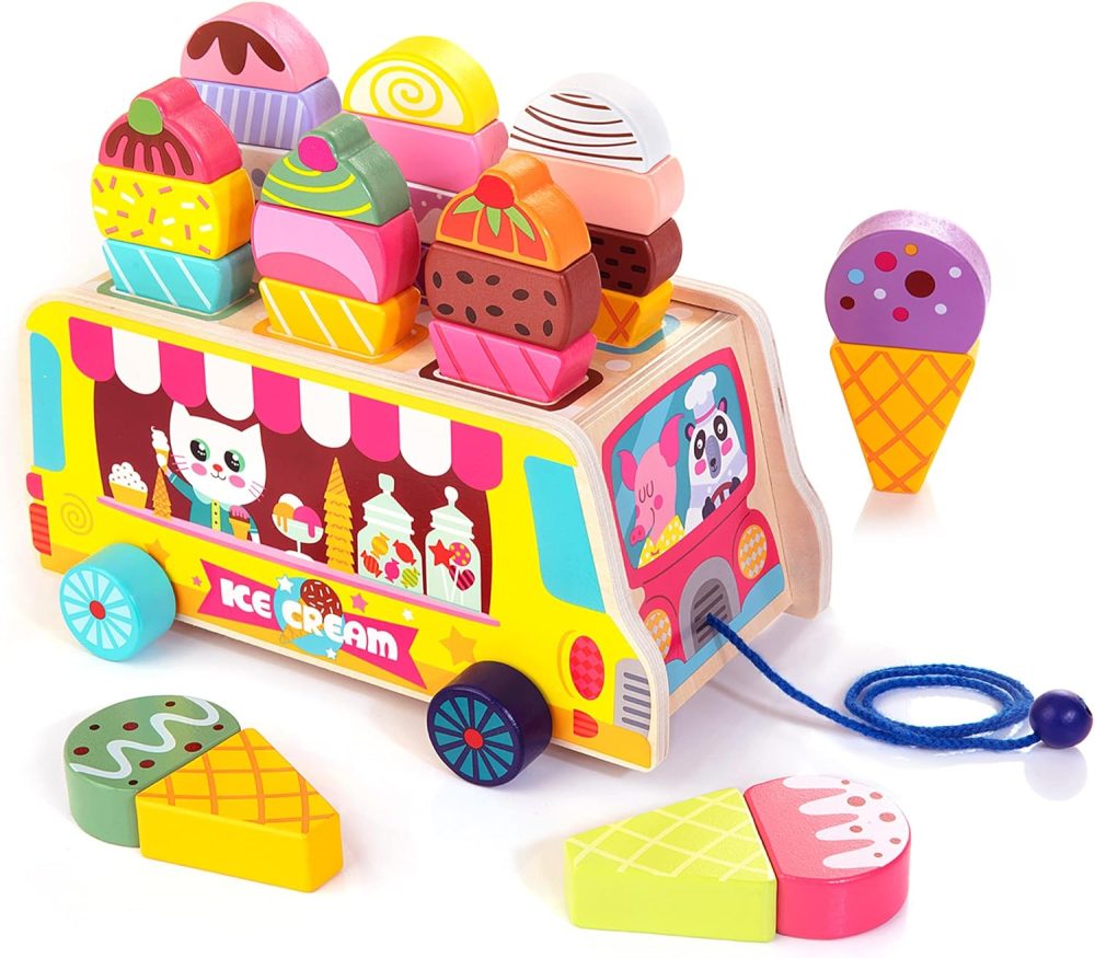 🍦🚚 HELLOWOOD Wooden Ice Cream Truck – Xe Kem Gỗ & Bộ Đồ Chơi Bán Kem (28 Chi Tiết)