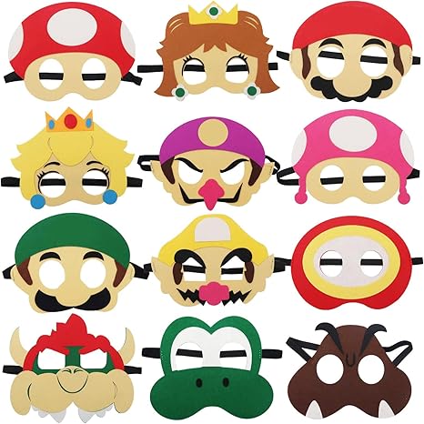 🎭🍄 Bộ 12 Mặt Nạ Nỉ Mario – Hóa Trang & Nhập Vai Cho Bé