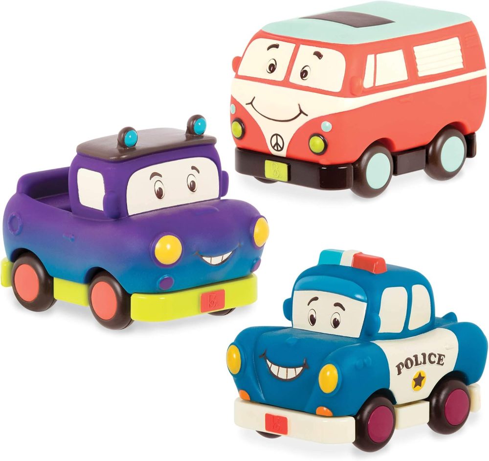 🚓🚚🚐 B. toys Pull-Back Toy Cars – Mini Wheeee-ls! (3 Vehicle Set)